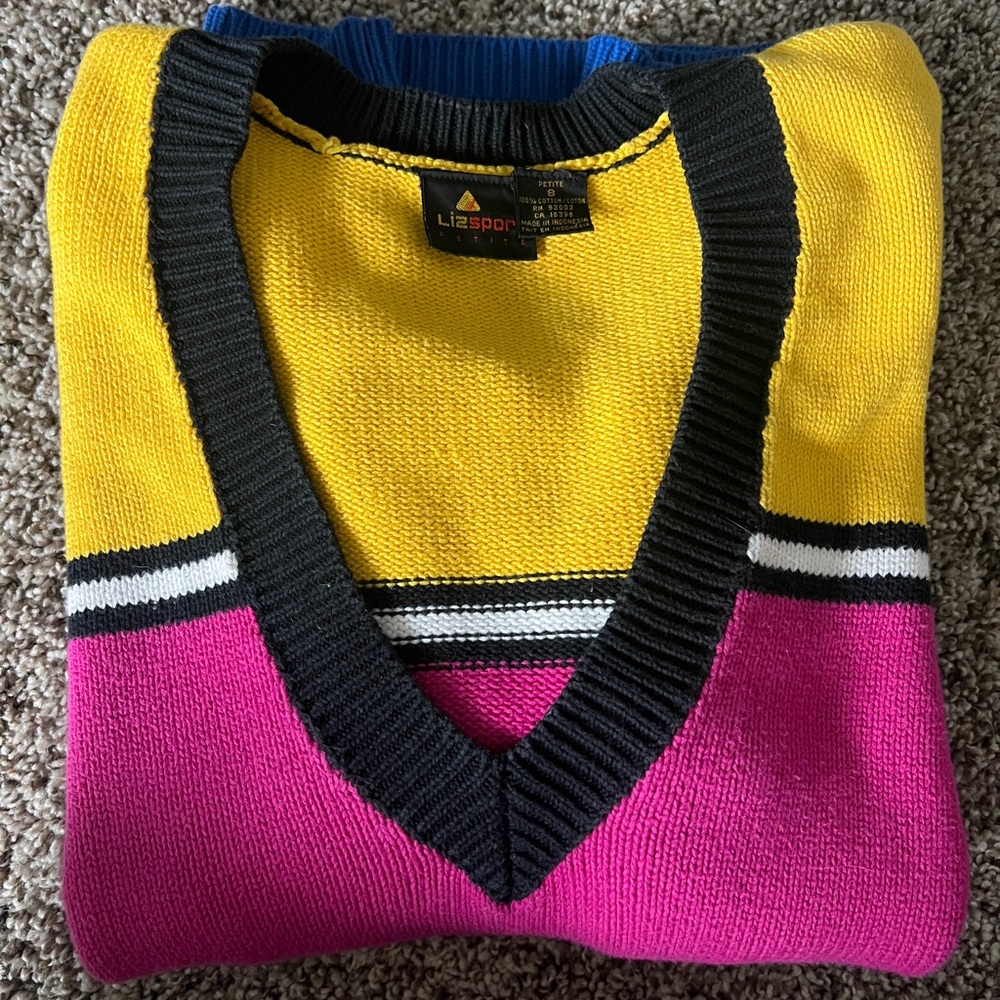 Vintage 90s LIZ Oversized Colorblock V-Neck Sweater in Pink/Blue/Yellow (S/M) - Picture 4 of 4